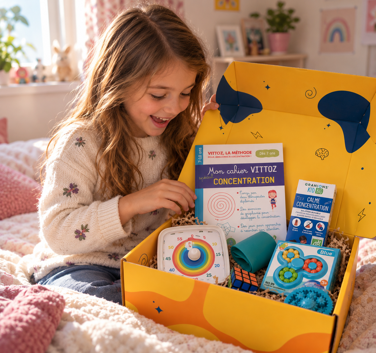 Une petite fille découvre la Box Calme et Concentration SUPERKIDS